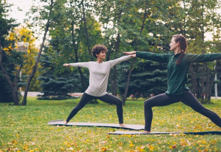 Two beautiful girls yoga teacher and student are practising sequence of asanas in park standing on mats and moving body and arms. Millennials, health and leisure concept.