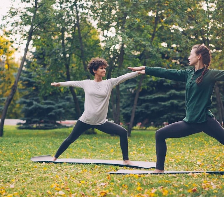 Two beautiful girls yoga teacher and student are practising sequence of asanas in park standing on mats and moving body and arms. Millennials, health and leisure concept.